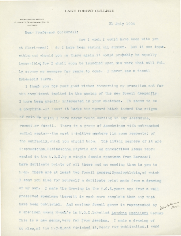 Letter from James G. Needham to Theodore Cockerell