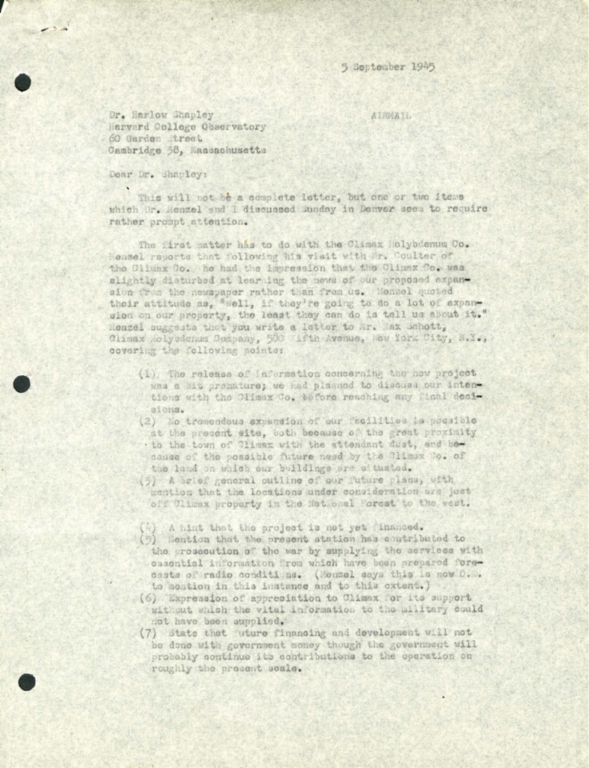 [Letter to Harlow Shapley, Harvard College Observatory]