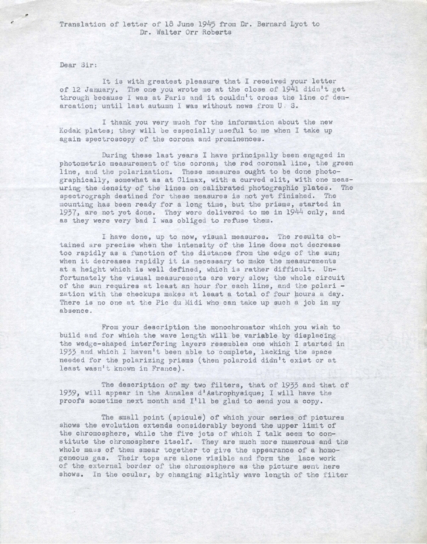 Translation of letter of 18 June 1945 from Dr. Bernard Lyot to Dr. Walter Orr Roberts