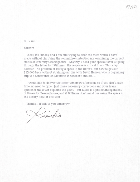 Letter from Barbara to Kumiko Takahara