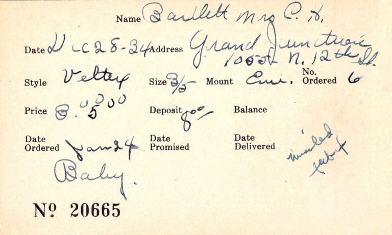 Index card for Mrs. C. H. Bartlett