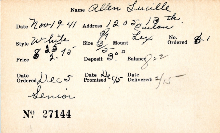 Index card for Lucille Allen