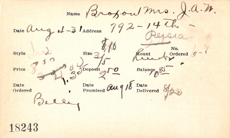 Index card for Mrs. J. A. W. Broxow