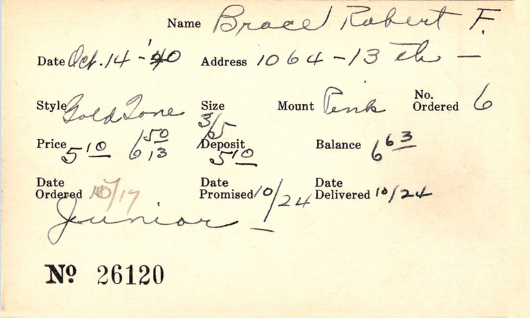 Index card for Robert F. Brace