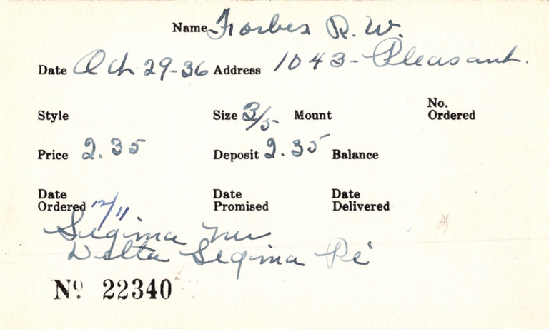 Index card for portraits of R. Forbes