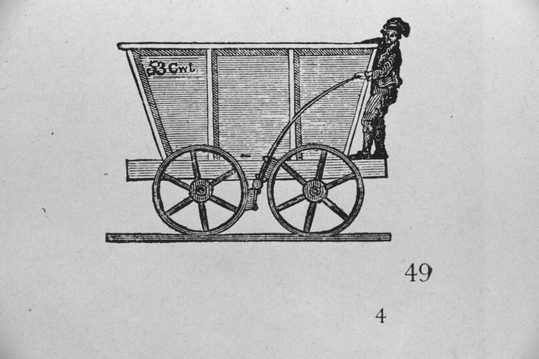 Illustration of miner riding coal cart
