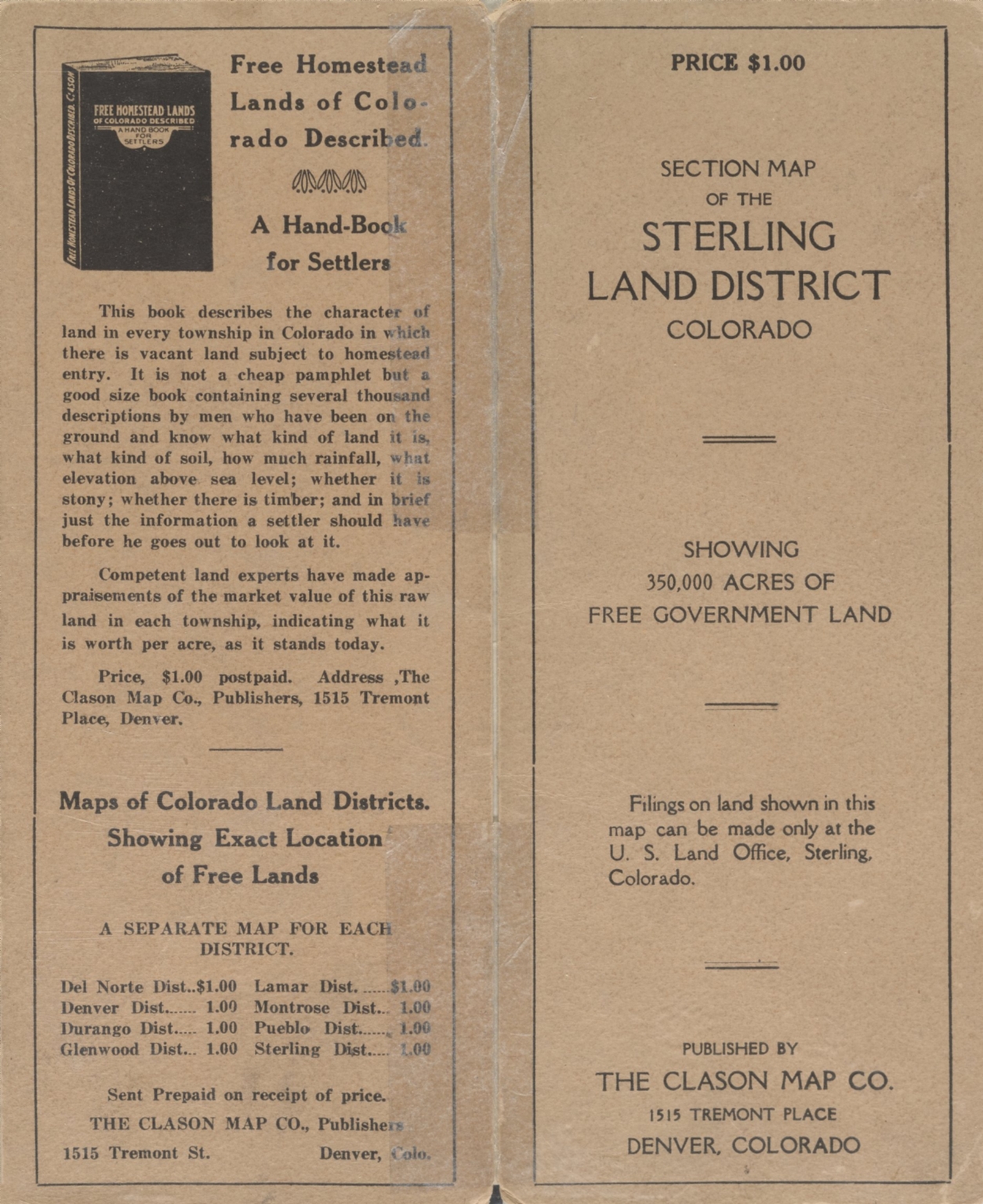 Clason's map of the Sterling Land District, Colorado